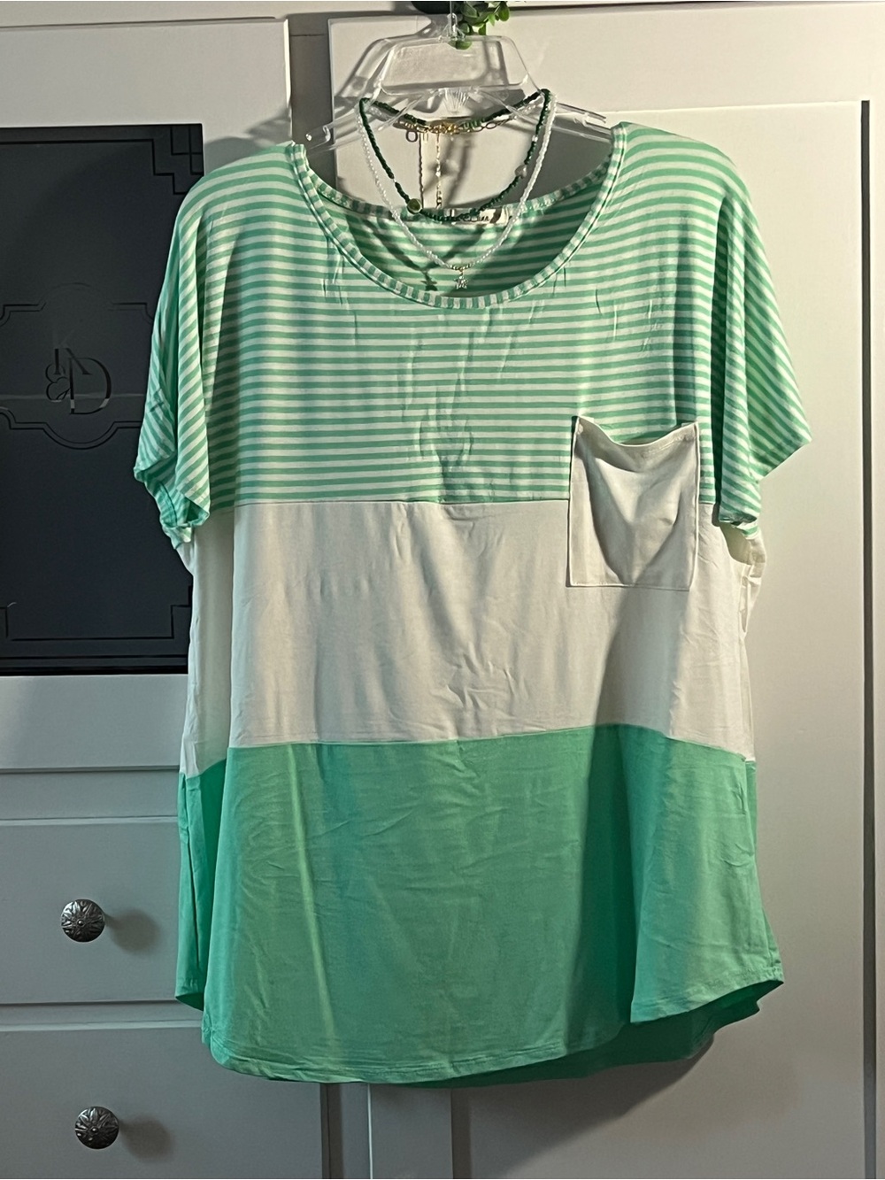 Luna- Striped Mint & White Colorblock Short Sleeve Pocket Tee